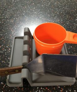 Silicone Spoon Rest for Stove Top with Drip Pad (Two Pack) - Heat Resistant, BPA Free Utensil Rest & Spoon Holder for Kitchen Counter - Grill Utensil Holder for Spatulas, Tongs, Ladles - Grey Medium - 2 Packs Gray 41 91ldvJow3ML