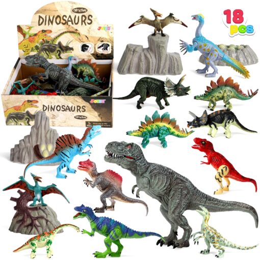 JOYIN Kids Dinosaur Toy, 18 Pcs 6" to 9" Realistic Dinosaur Figures with Movable Jaws Including T-Rex, Triceratops, Velociraptor, Etc, Kids Dinosaur Educational Toys, Christmas Birthday Gifts for Kid
