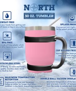 North Pink Stainless Steel Tumbler 5-Piece Set, 30 oz Vacuum Insulated, Travel Mug For Home, Office, School – Like Yeti Tumbler For Ice Drink & Hot Beverage Pink Stainless Steel Mug 15 91m4eFLGAeL