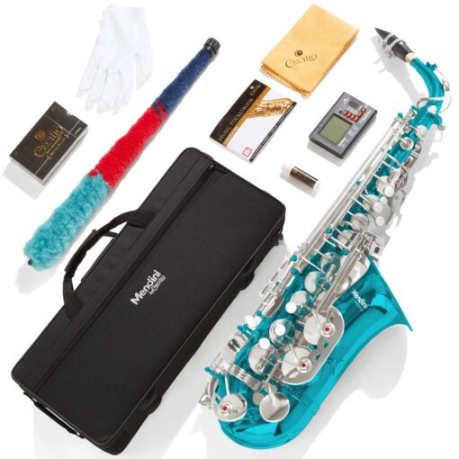 Mendini By Cecilio Eb Alto Saxophone - Case, Tuner, Mouthpiece, 10 Reeds, Pocketbook - Sky Blue E Flat Musical Instruments