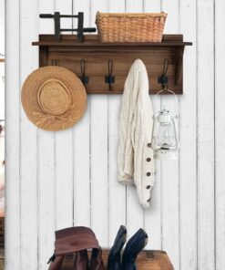 Rustic Wall Mounted Coat Rack Shelf - Brown Wooden Country Style 24" Entryway Shelf with 5 Rustic Hooks - Solid Pine Wood. Perfect touch for your Entryway, Mudroom, Kitchen, Bathroom and More (Brown) 1- Rustic Brown 23 91nKD IHIKL