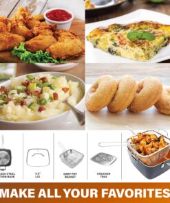 Gotham Steel Nonstick Square Deep Frying Pan, 9.5” Large Cooking Pan with Ceramic Nonstick Coating, 4 Pc Titanium Ceramic with Lid, Basket & Steamer Tray, Dishwasher Safe 29 91oVnhLb1fL