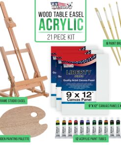 Alternative view of U.S. Art Supply 21-Piece Artist Painting Set with Wooden H-Frame Studio Easel, 12 Vivid Acrylic Paint Colors, 3 Canvas Panels, 4 Brushes, Wood Palette - Fun Kids, School, Students Adults Starter Kit