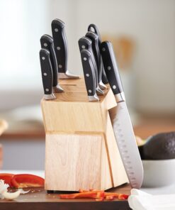 Amazon Basics 9-Piece Premium Kitchen High-Carbon Stainless-Steel Blades with Pine Wood Knife Block Set, Black Traditional Handle Design 21 91ok8gAwK8L