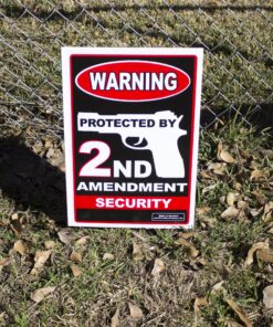 VIBE INK 12" x 18" Warning Protected by 2nd Amendment Security Plastic Yard Sign with 15" Metal Stand for Lawn Grass and more - Stake included. Protect your home, and property! MADE IN THE USA! 11 91p9Qk58sL