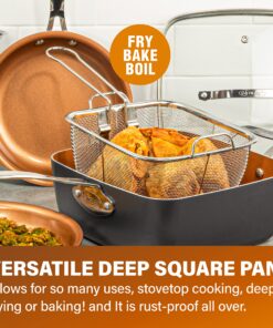 Gotham Steel Nonstick Square Deep Frying Pan, 9.5” Large Cooking Pan with Ceramic Nonstick Coating, 4 Pc Titanium Ceramic with Lid, Basket & Steamer Tray, Dishwasher Safe 32 91pBylfu3FL