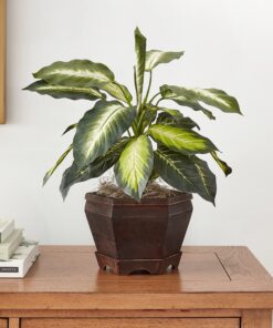 Nearly Natural 6592-05 Golden Dieffenbachia with Wood Vase Decorative Silk Plant, Green 7 91pXAt4zzeS