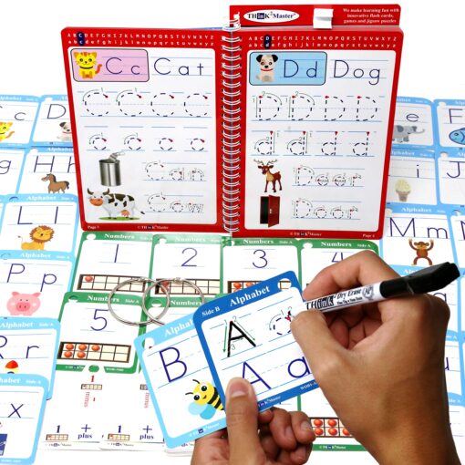 Think2Master Write & Clean Laminated Workbook & Flash Cards - Alphabet, Numbers & Words Reusable Book for PreK & Kindergarten. (1 Dry Erase Marker, 2 Rings). Learn to Read & Write, Count & Add