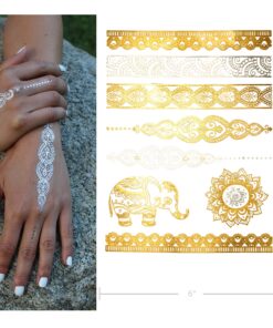 Terra Tattoos Gold Metallic Temporary Tats 75+ Boho Henna Designs Feathers, Tribal, Elephants - Waterproof Nontoxic Long Lasting Perfect for Beach, Festivals, & more! 14 91pkembZoyL 1