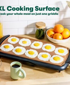 BELLA Electric Ceramic Titanium Griddle, Make 10 Eggs At Once, Healthy-Eco Non-stick Coating, Hassle-Free Clean Up, Large Submersible Cooking Surface, 10.5" x 20", Copper/Black 10.5" x 20" 26 91q AO77FmL
