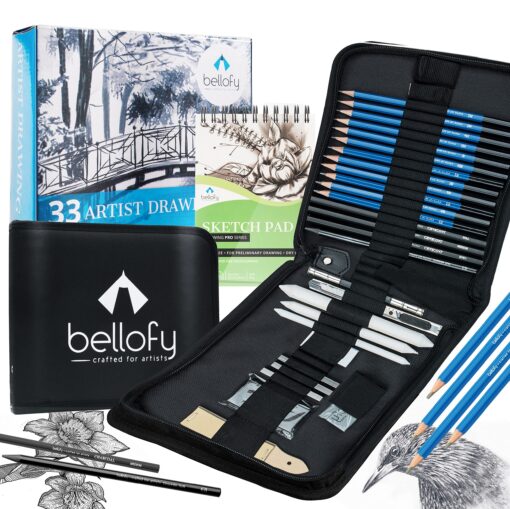 Bellofy 33 pack Drawing Kit with 100 Sheets Pad | Drawing Kit for Adults comes with Sketch Supplies for Kids, Beginners & Artists | Drawing Set contains Sketching Pencils, & more drawing stuff