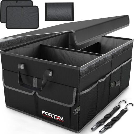 FORTEM Car Storage Organizer, Collapsible Multi Compartment SUV Trunk Organizer, Non Slip Bottom, Adjustable Securing Straps, Foldable Cover (Black, Standard Size) Black