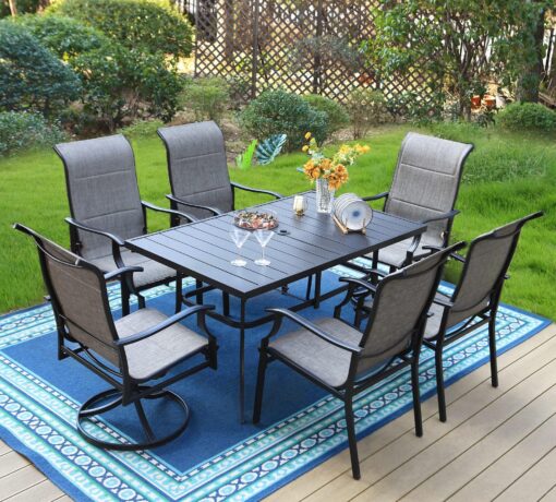 PHI VILLA 7 PCS Patio Dining Set, Outdoor Table Chair Set with Large Metal Table, 6 High Back Patio Chairs Include 4 Fixed and 2 Swivel Chair, Patio Furniture Dining Set for Patio Lawn Garden 59"L x 35.4"W x 28.7"H-Metal Table Top