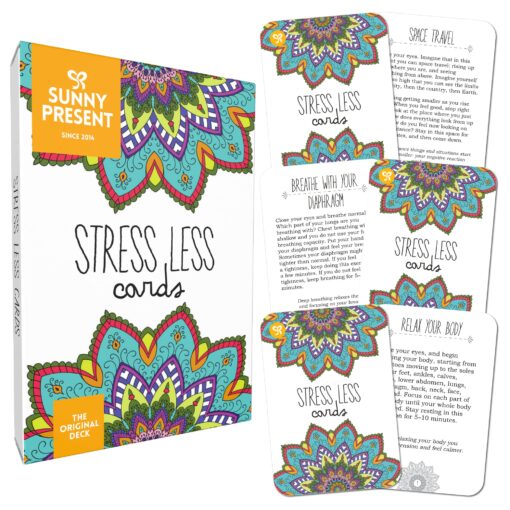 Sunny Present Stress Less Cards - 50 Mindfulness & Meditation Exercises - Helps Relieve Stress and Anxiety - The Original Deck