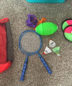 High Bounce 3 in1 Outdoor Games Combo Set for Kids, with Badminton Rackets Set, Toss and Catch Ball Set, Sliding Zoom Ball Game, Mesh Bag, Birdies, and Tennis Ball Included 23 91rqwNnGRuL