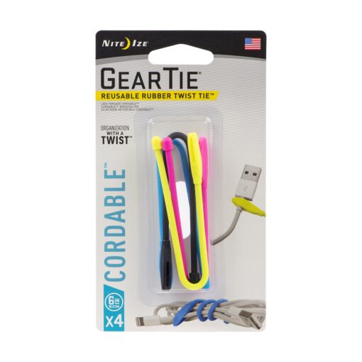 Nite Ize Gear Tie Cordable, The Orginal Reusable Rubber Twist Tie with Stretch-Loop For Cord Management + Storage, 6-Inch, Assorted Colors, 4 Pack, Made in the USA 6"
