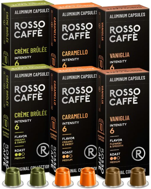 Rosso Coffee Capsules for Nespresso Original Machine - 60 Espresso Pods Vanilla, Caramel, Creme Brulee- Single-Serve Aluminum Coffee Pods - Compatible with Nespresso Original Line Machines (Flavor 60)