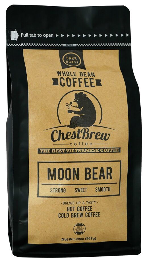 Chestbrew Whole Bean Coffee. Strong Dark Roast Vietnamese Coffee - Moon Bear Premium 20 Ounce Bag Strong, Smooth, Bold, and Exotic 1.25 Pound (Pack of 1)