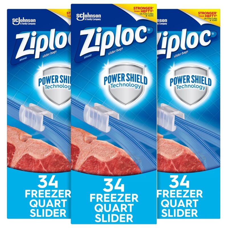 Ziploc Slider Freezer Bags with New Power Shield Technology, Quart, 34 Count, Pack of 3 (102 Total Bags) 34 Count (Pack of 3)
