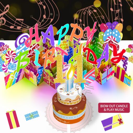 11TH Musical Birthday PopUp Card, Blowable LED Light Candle 3D Cards with Song 'HAPPY', Applause Cheers Sound,Color-Changing Lights,Colourful Greeting Cards for Kids Girls Boys Daughter Son 11th