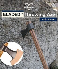 BLADED Throwing Hatchet w/ Sheath - Made in USA Axe w/ Forged 4140 Steel Head & 100% American Hickory Wood Handle - Small Competition & Survival Tomahawk - Kindling, Camping & Chopping Metal Hand Hawk Natural Steel 15 91tIJO8ZDUL