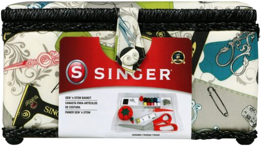 SINGER 07281 Vintage Sewing Basket with Sewing Kit Accessories, 10.5" long x 8" wide x 6" high.