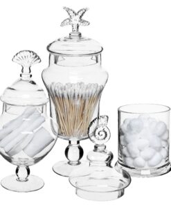 MyGift Clear Glass Apothecary Jars with Lid, Decorative Seashell Design Bathroom Canister, Footed Candy Buffet Containers, Set of 3 27 91u3Gqj2wSL