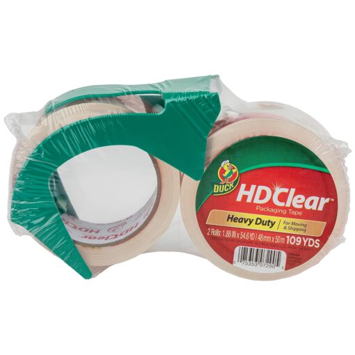 Duck HD Clear Packing Tape with Resuable Dispenser - 2 Rolls, 109 Yards - Heavy Duty Packaging Tape for Shipping, Moving & Storage - Clear Packing Tape for Boxes - 1.88 In. x 54.6 Yd. (393184)