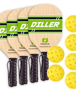 Diller Pickleball Paddle 4 Player Bundle (Set Includes 4 Paddles & 6 Balls)… 4 diller paddles, 6 generic yellow outdoor balls