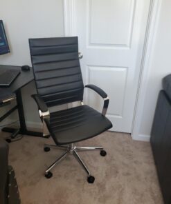 Amazon Basics High-Back Executive Swivel Office Desk Chair with Ribbed Puresoft Upholstery, Lumbar Support, Modern Style, 23.9"D x 24.69"W x 41.5"H, Black 64 91v3VP1mYL