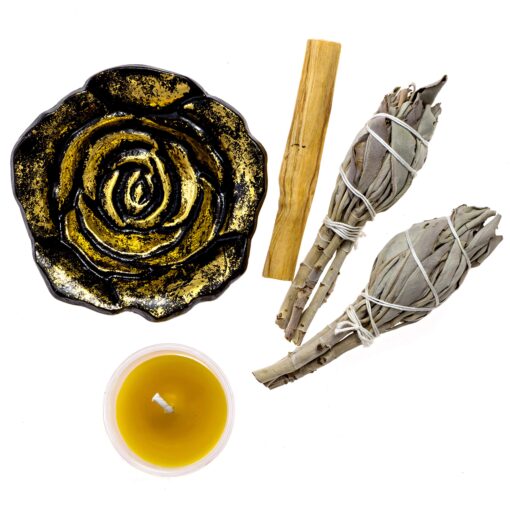 Premium Starter Kit with Rose Dish, Palo Santo, California White Sage, and Hand Poured Beeswax Votive