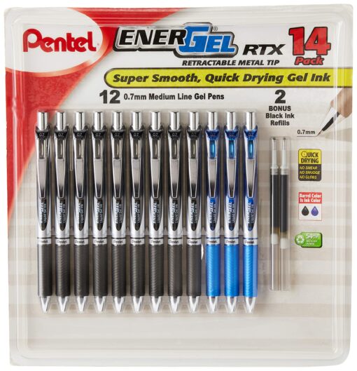 Pentel EnerGel RTX Retractable Metal Tip Pen, 0.7mm, 9 Black Ink, 3 Blue Ink with 2 Refills (BL77O14C) 12 Pack with Refills Black/Blue