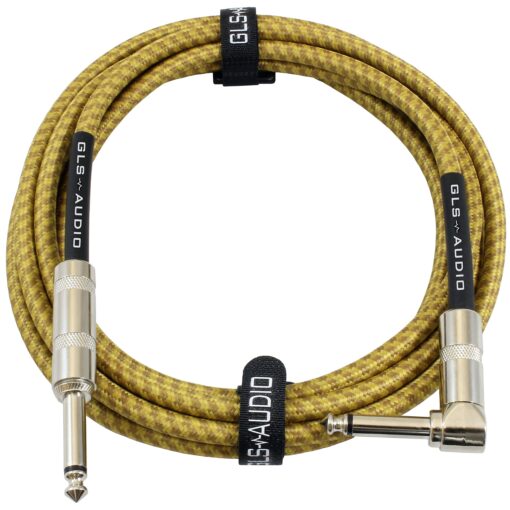 GLS Audio Instrument Cable - Amp Cord for Bass & Electric Guitar - Straight to Right Angle 1/4 Inch Instrument Cable - Brown/Yellow Braided Tweed, 10ft 10 Ft. Right-Angle Gold