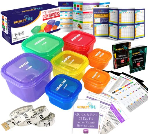 21 Day Portion Control Containers Kit - Nutrition Diet, Multi-Color Coded Weight Loss System. Complete Guide + PDF Planner + Recipe eBook and Tape Measure - BPA Free - 7 PC Labeled 7 Piece - Labeled