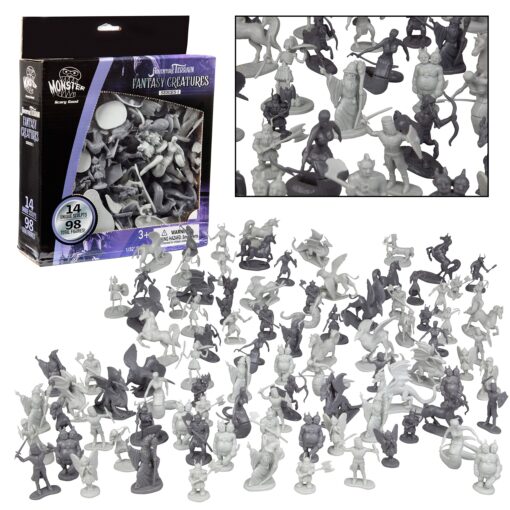 Monster Fantasy Creature Mini Action Figure Playset - 98pcs Toy Miniatures with 14 Unique Designs - Dragons,Wizards,Orcs, & More- XL 1/32 Scale Compatible with Dungeons and Dragons and other RPG Games