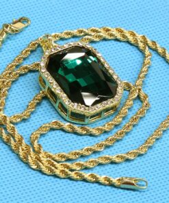 Mens 14k Gold Plated Green Ruby Octagon Hip Hop Pendant with 3mm 24" Rope Chain M3 10 91xRs2sCsIL