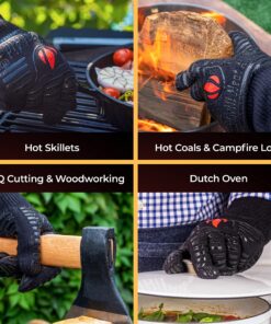 Heat Resistant Silicone BBQ Gloves - Fire Protection up to 1472°F - Insulated Glove Set for Hot Barbecue, Grill, Smoker, Baking, Cooking, and Cutting - Indoor or Outdoor Mitts Fit Men and Women One Size (Longer Cuff) Full Black 14 91xyp5TANyL