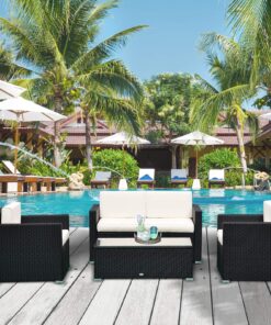 Alternative view of Outsunny 4 Piece Wicker Patio Furniture Set with Cushions, Outdoor Sectional Furniture with 2 Sofa, Loveseat, and Glass Top Coffee Table, Conversation Sofa Sets for Garden, White Black