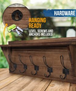 Rustic Wall Mounted Coat Rack Shelf - Brown Wooden Country Style 24" Entryway Shelf with 5 Rustic Hooks - Solid Pine Wood. Perfect touch for your Entryway, Mudroom, Kitchen, Bathroom and More (Brown) 1- Rustic Brown 22 91zTWpZW L