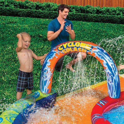 Banzai Cyclone Splash Water Park Outdoor Backyard Inflatable Toy with Sprinkling Slide and Kiddie Pool