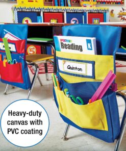 Carson Dellosa 15" W x 19" H Canvas Blue and Red Chairback Buddy Pocket Chart, Classroom Chair Organizer, Classroom Chair Storage with 6 Chair Pockets and One Student Name Tag, Seat Storage Organizer Blue & Red 1 pack 28 91zvNT3GibL