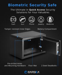 BARSKA AX11620 Biometric Fingerprint Mini Security Home Safe Box 0.29 Cubic Ft, Black, 12" x 8" x 7.75" Front Opening Compact 0.23 CU FT 28 91zwplDpbTL