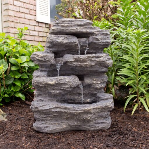 Outdoor Water Fountain With Cascading Waterfall, Natural Looking Stone and Soothing Sound for Decor on Lawn, Garden, and Patio By Pure Garden,Brown Cascading Stone