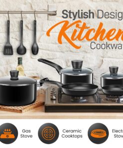 SereneLife Kitchenware Pots & Pans Basic Kitchen Cookware, Black Non-Stick Coating Inside, Heat Resistant Lacquer (11-Piece Set), SLCW11BLK-Black SLCW11BLK- Black 14 A12Bp4i4JoL