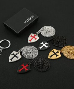 HZMAN Knights Templar Cross Joshua 1:9 Shield Stainless Steel Pendant Necklace with 22+2 inch Chain Silver Red 18 A15ndZFAnL