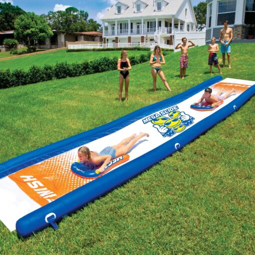 Wow Sports Mega Water Slide - Giant Backyard Slide with Sprinkler, Slip and Slide for Adults and Kids, Extra Long 25 ft x 6 ft Mega Slide With Sprinkler, Hand Pump and 2 Inflatable Sleds