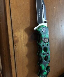Alternative view of Tac Force Assisted Opening Rescue Glass Breaker Bright Green Skull Design Hunting Camping Tatical Pocket Knife