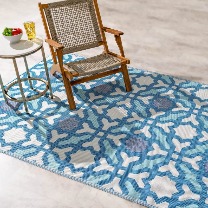 Fab Habitat Outdoor Rug - Waterproof, Fade Resistant, Reversible - Premium Recycled Plastic - Spanish Tile Farmhouse - Patio, Porch, Deck, Balcony - Seville - Multicolor Blue - 5 x 8 ft 5 x 8 Feet