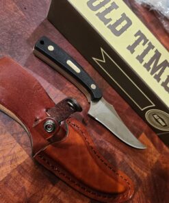 Old Timer 152OT Sharpfinger 7.1in S.S. Full Tang Knife with 3.3in Clip Point Skinner Fixed Blade, Black Sawcut Handle, and Leather Belt Sheath for Hunting, Camping, Skinning, EDC, and Outdoors 79 A1CXY eP0PL