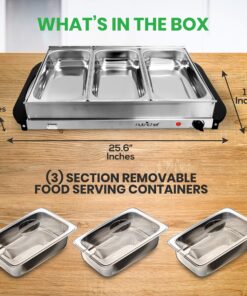Nutrichef Professional Stainless Steel Buffet Warmer Server with 3 Trays | Portable Hot Plate Food Warmer Station for Parties & Events | Easy to Clean | 3 See-through lids | Max Temperature 175F 3 Pot 3.5 Quart 22 A1CzAZ5D4vL